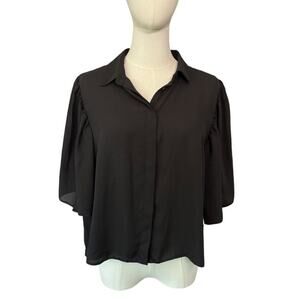 ASOS Black Flutter Sleeve Blouse US Size 10 Button Front Top Capsule Minimalist